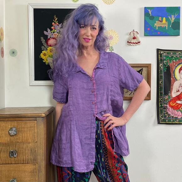 Flax Tops - Flax (Jeanne Engelhart) Purple Linen Blouse, Swingy Short Sleeve Lavender Top L